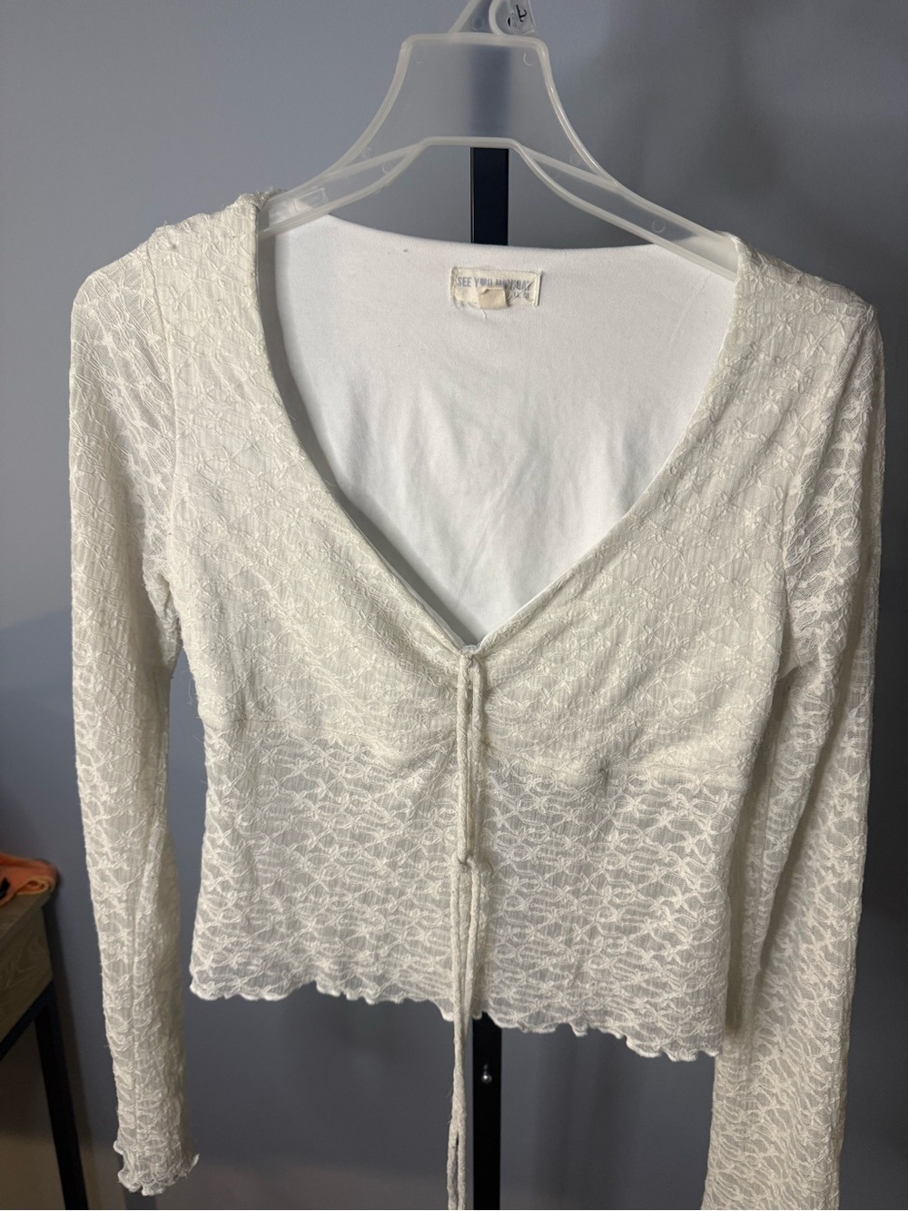 See You Monday Cream Lace Tie-Front Long Sleeve Top